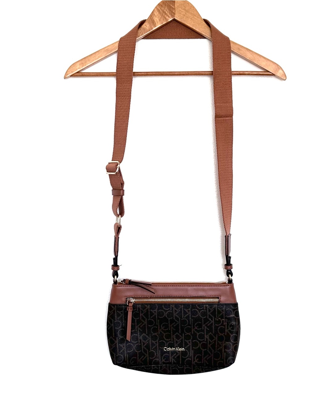 Calvin Klein Crossbody Bag Purse Women’s CK Logo Brown Gold